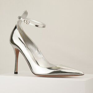 Valentino Garavani Tan-Go 100 Silver Patent Leather Ankle Strap Pumps, EU 40/U